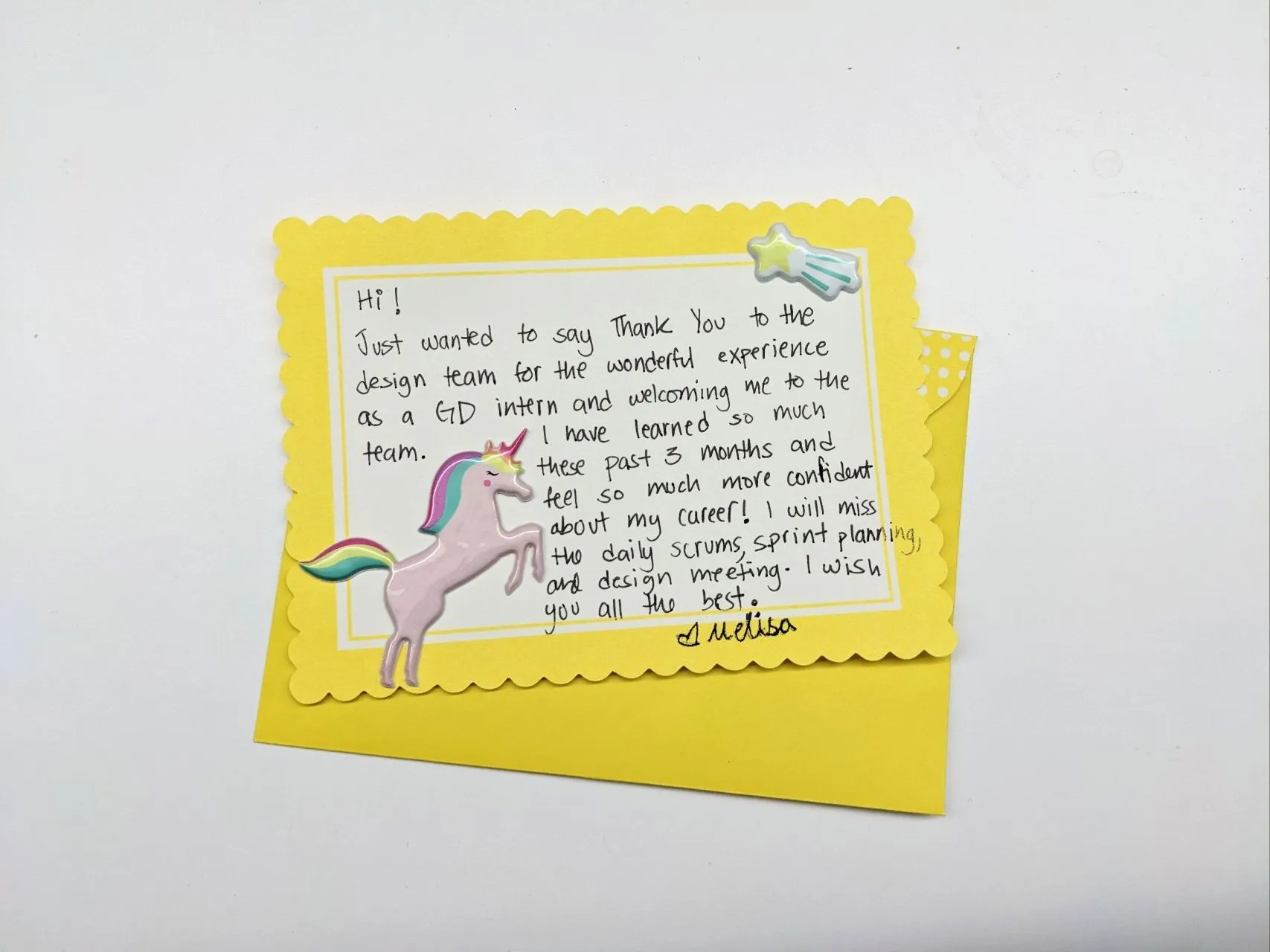 A note from, Melisa, a design intern thanking us for her experience.
