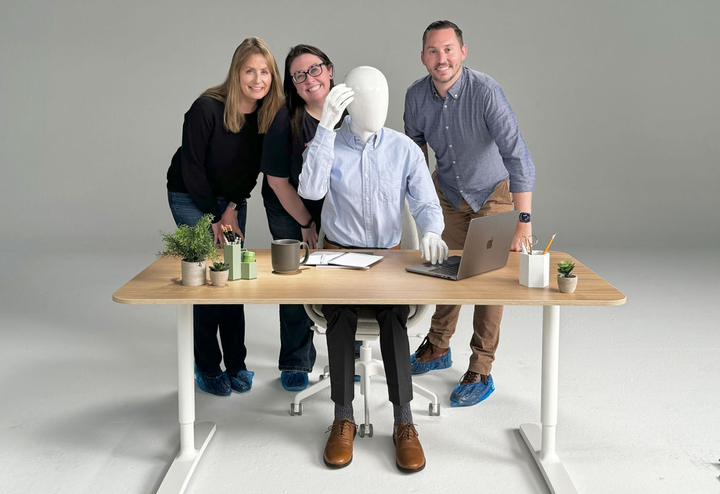 A photo of Sojern's VP of Marketing, Gina Lambright, Senior Director of Marketing, Scott Thornburg, and Creative Director, Laura Barker, at a video shoot in San Francisco, California.