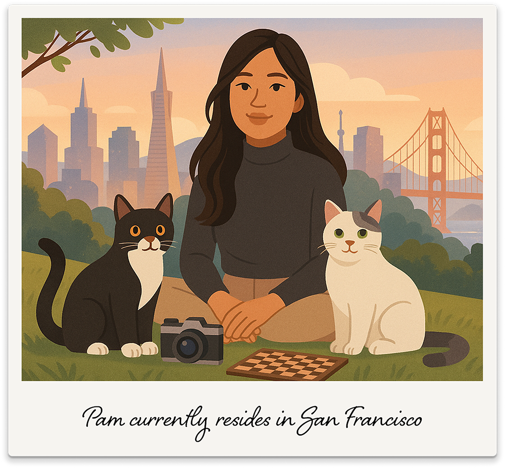 Picture of girl with two cats at a park with San Francisco's skyline in the background