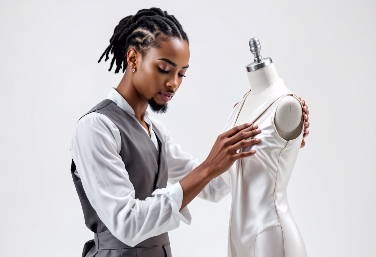 image of a tailor adjusting a dress on a mannequin in a tailors & alteration shop
