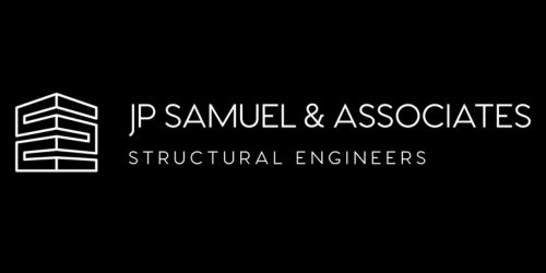 JP Samuel & Associates Structural Engineers logo with abstract building icon on black background.