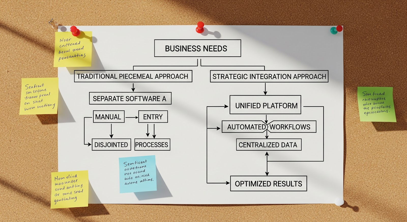 Flowchart comparing traditional piecemeal and strategic integration approaches for business needs.