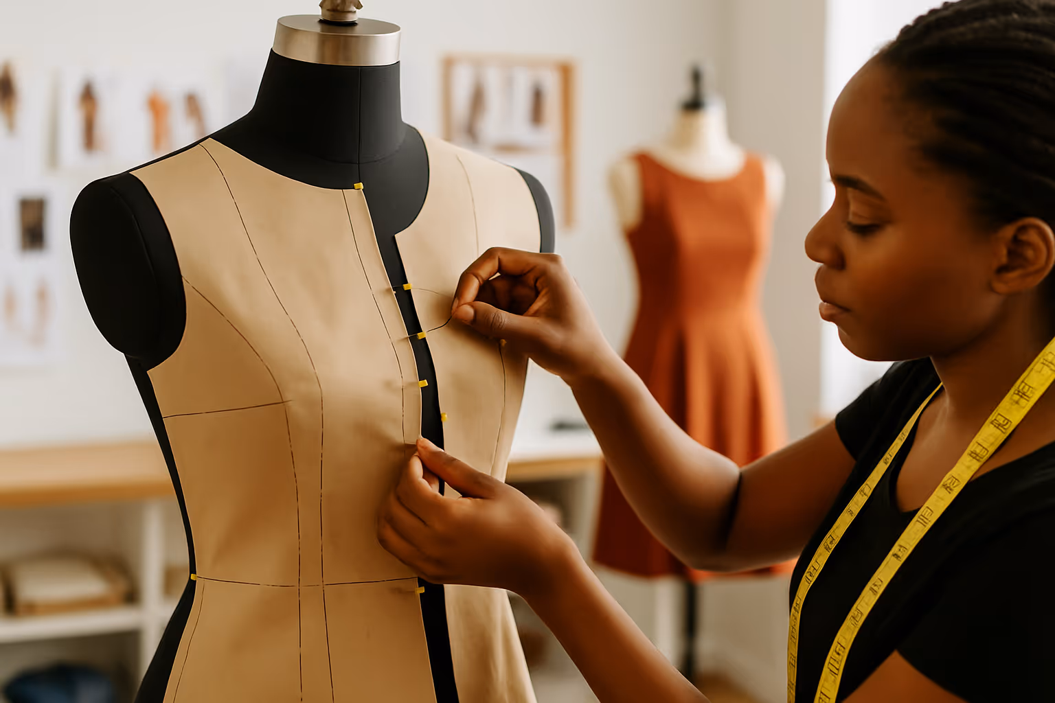 Fashion designer pinning fabric patterns on a dress form in a sewing studio.