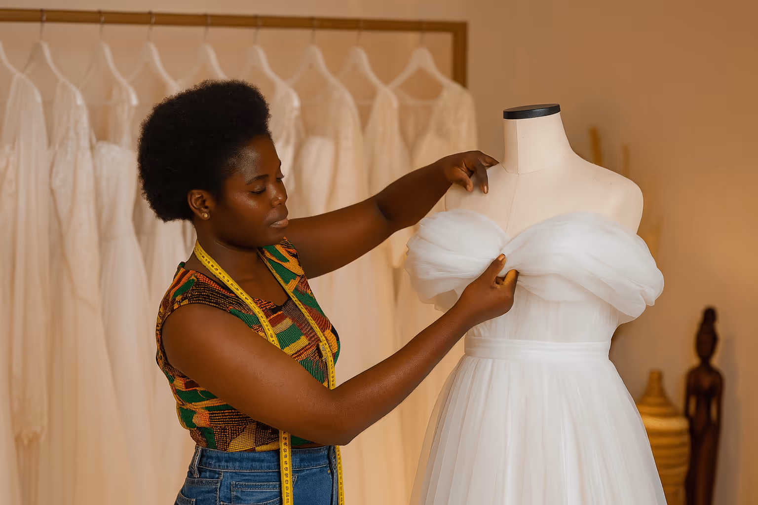 A dressmaker adjusting the bodice of a white wedding dress on a mannequin in a bridal shop.