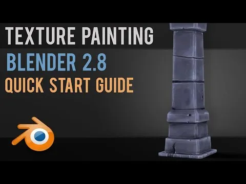 A 3D stone pillar model created using blender. The text reads, "Texture Painting: Blender 2.8 Quick Start Guide."