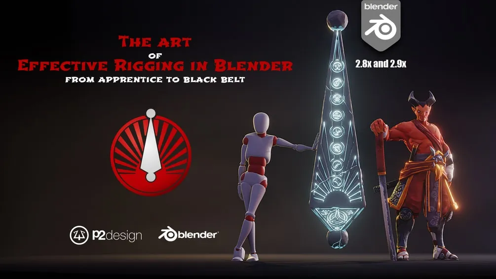 A 3D mannequin, demon, and runic armature bone created using blender. The text reads, "The Art of Effective Rigging in Blender from Apprentice to Black Belt."