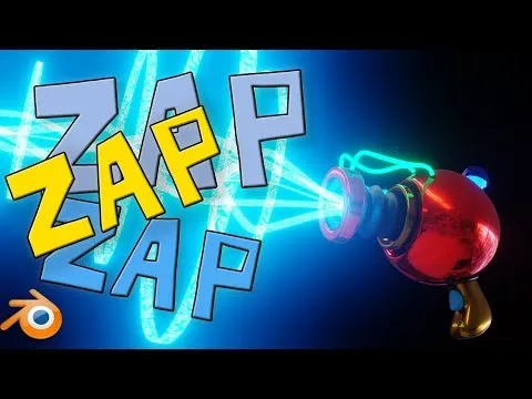 A 3D model of a ray gun firing a laser, with onomatopoeia reading "Zap" several times.