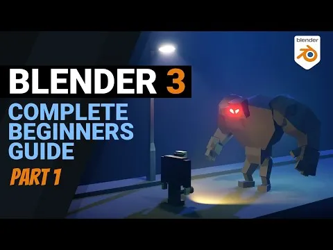 A 3D scene of a man with a flashlight encountering a rock golem in the street at night, created using blender. The text reads, "Blender 3: Complete Beginners Guide Part 1."