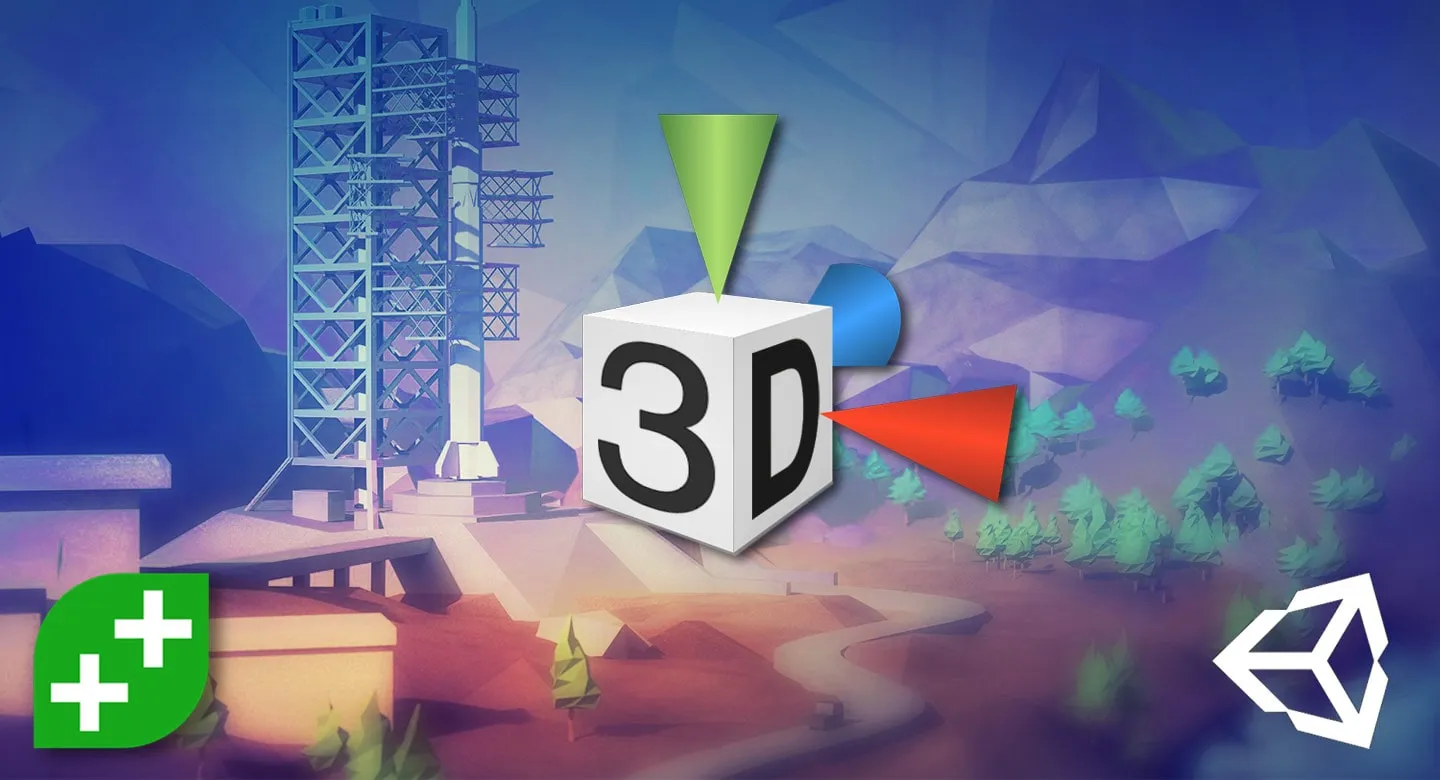 An icon of a cube with "3D" on its sides, with cones protruding from its sides to represent the three axes. In the background is a 3D landscape of a rocket launch site.