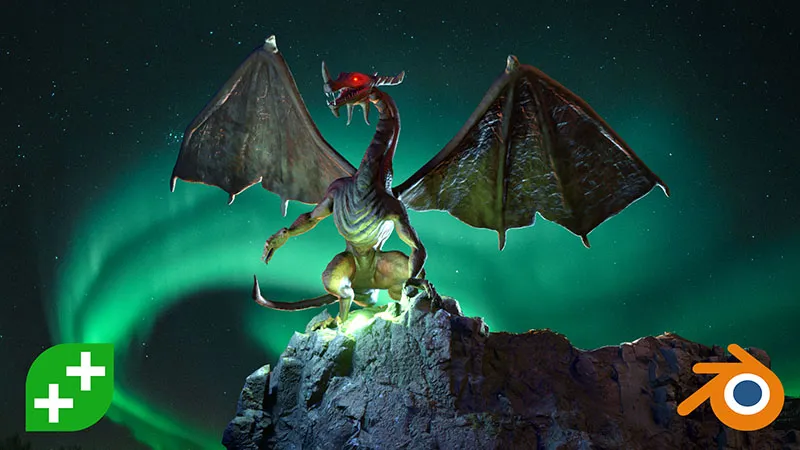 A 3D model of an ominous, red-eyed dragon standing on the edge of the cliff, created using blender.