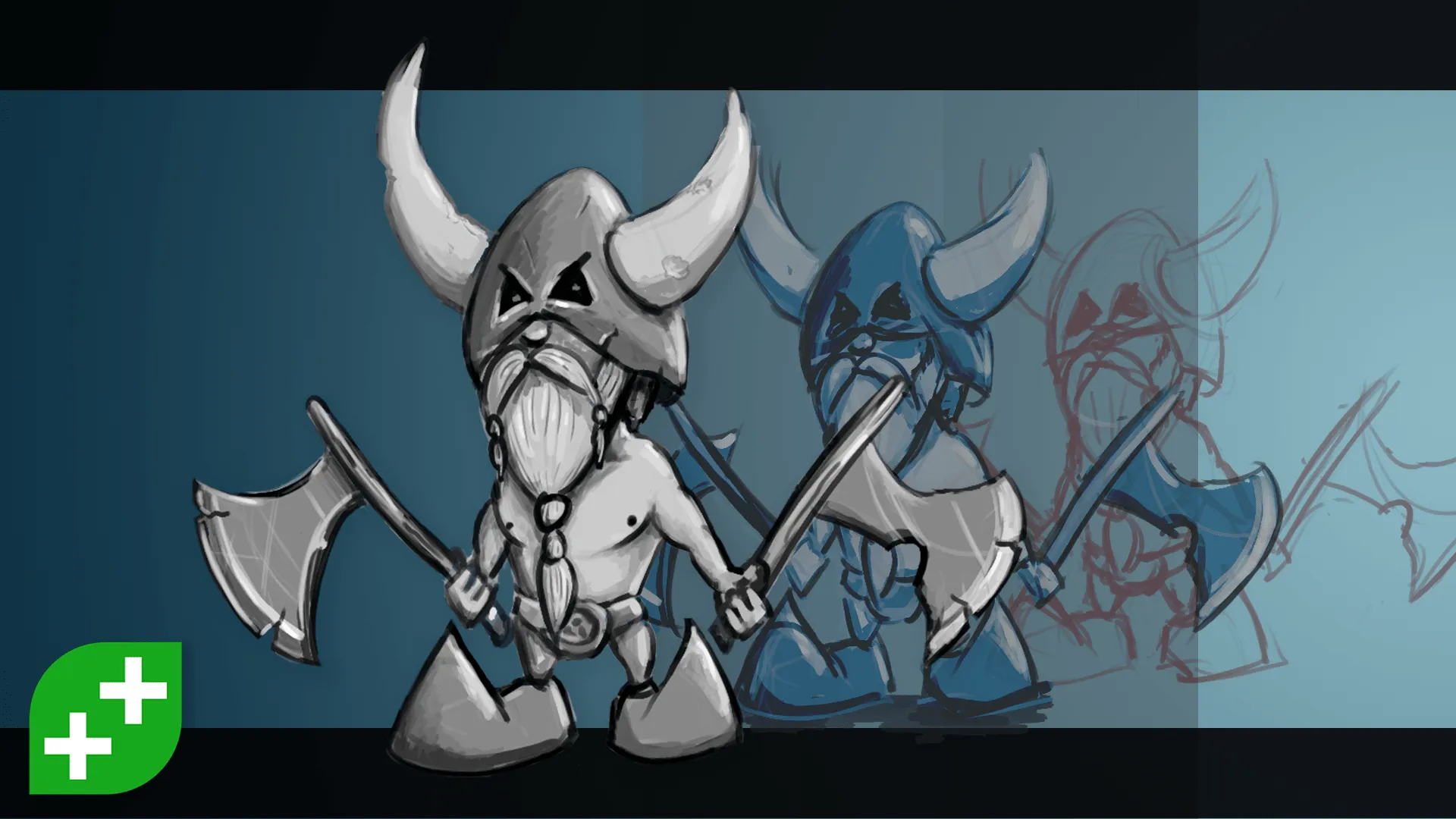 Concept art of a short Viking dual wielding axes.