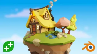 A 3D low poly sky island with a house and trees, created using blender.