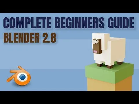 A 3D blocky model of a sheep created using blender. The text reads, "Complete Beginners Guide: Blender 2.8."