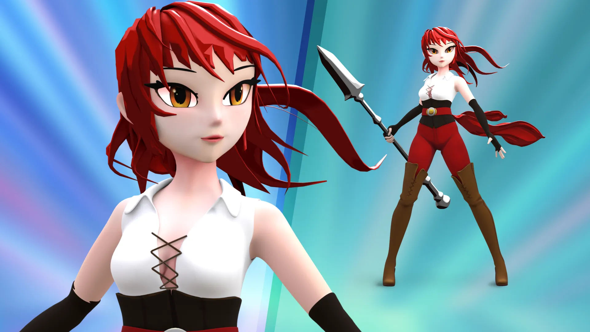 An anime stylized female character posing with weapon in hand.