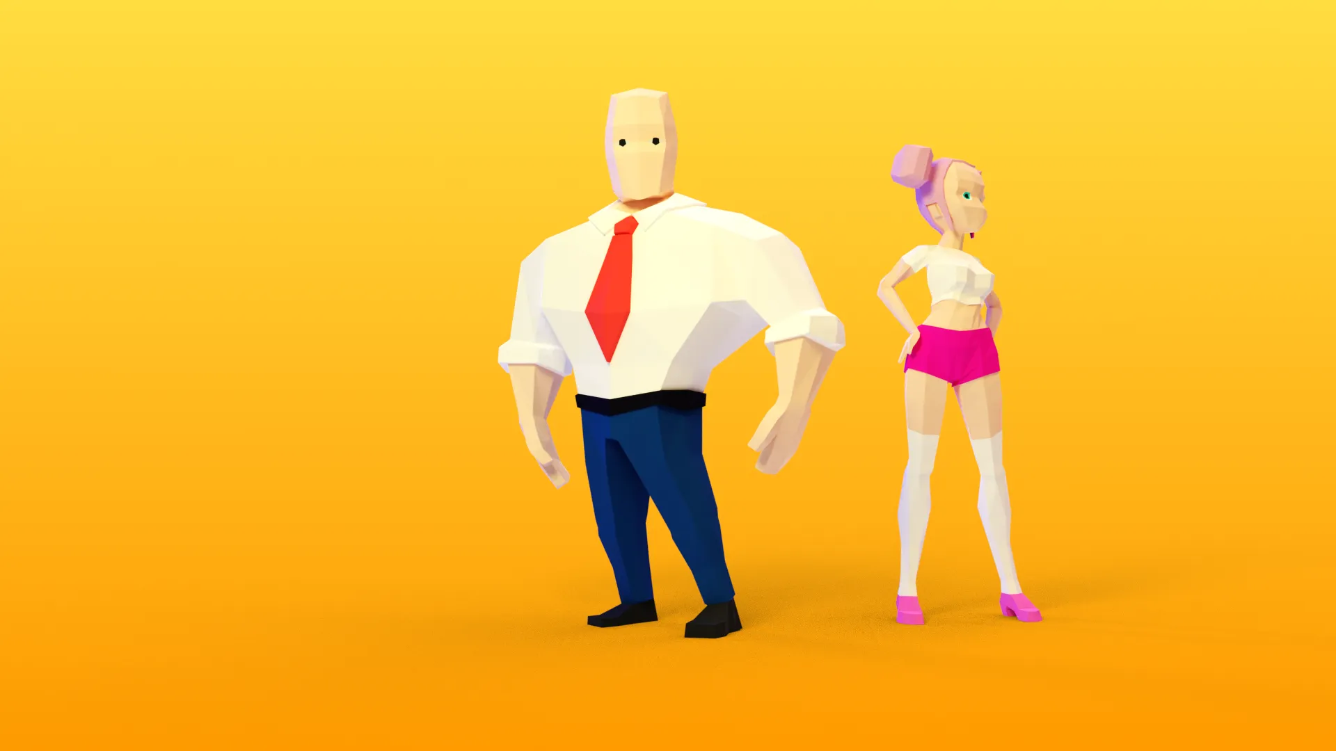 3D low poly models of a man and a girl created using blender.