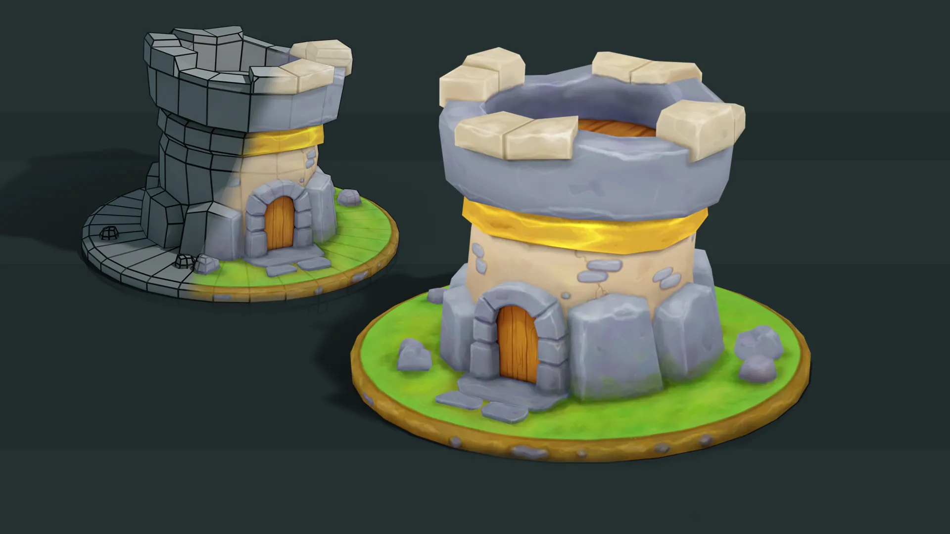 A 3d model of a castle with applied texture painting