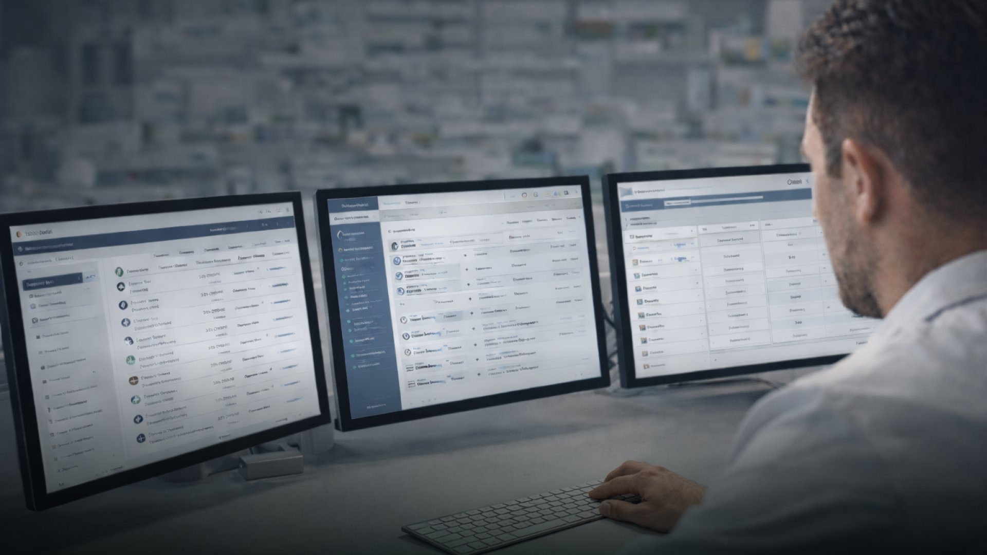 A lab administrator working across three monitors of separate dentist portals
