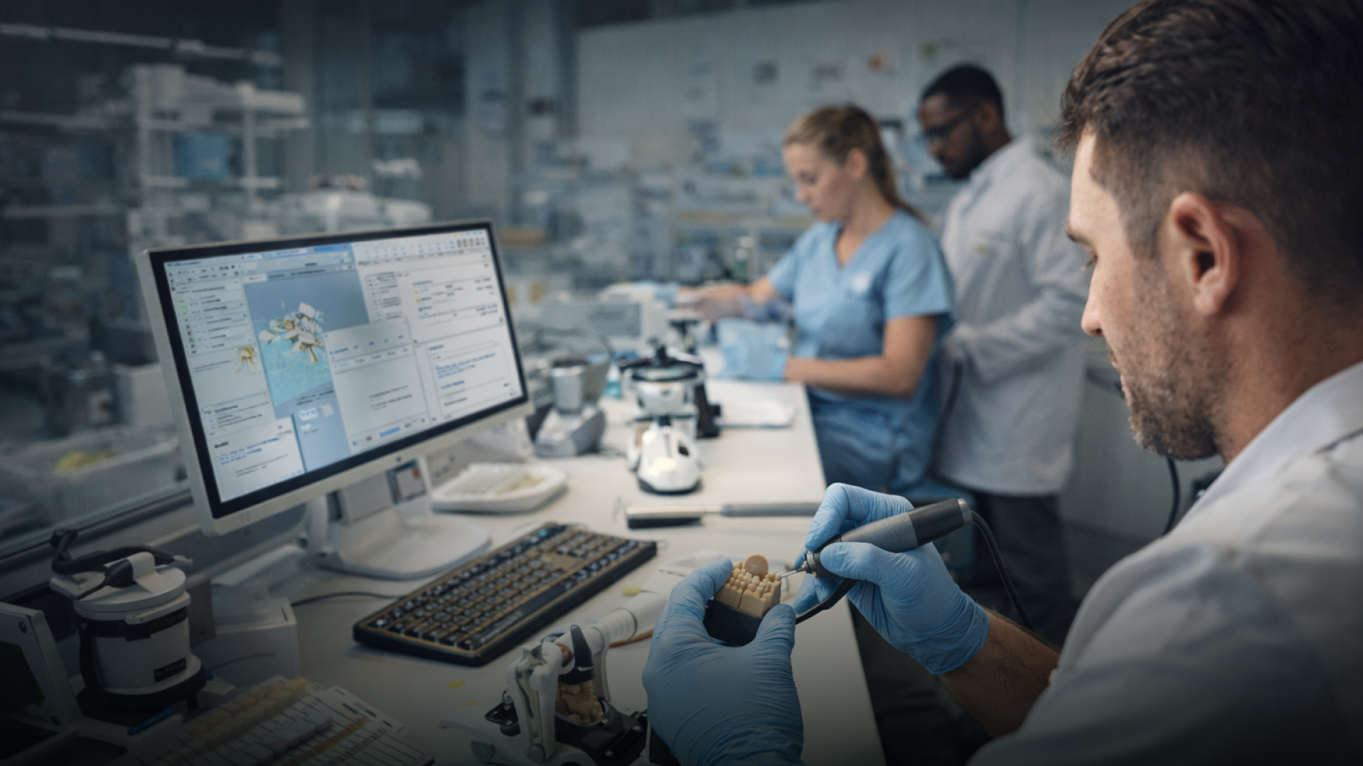 Dental technician refining a model at the bench while colleagues work in the background of a dental lab.