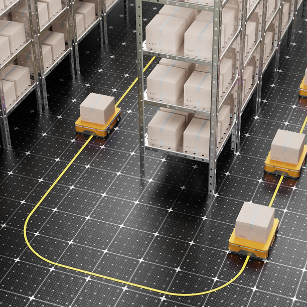 Image depicting package moving throughout a warehouse on robotic carts, as well as shelves filled with boxes.
