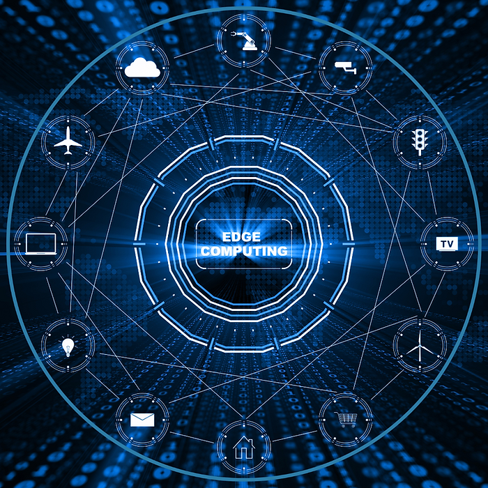 Graphic that includes several graphics and the words edge computing in the center