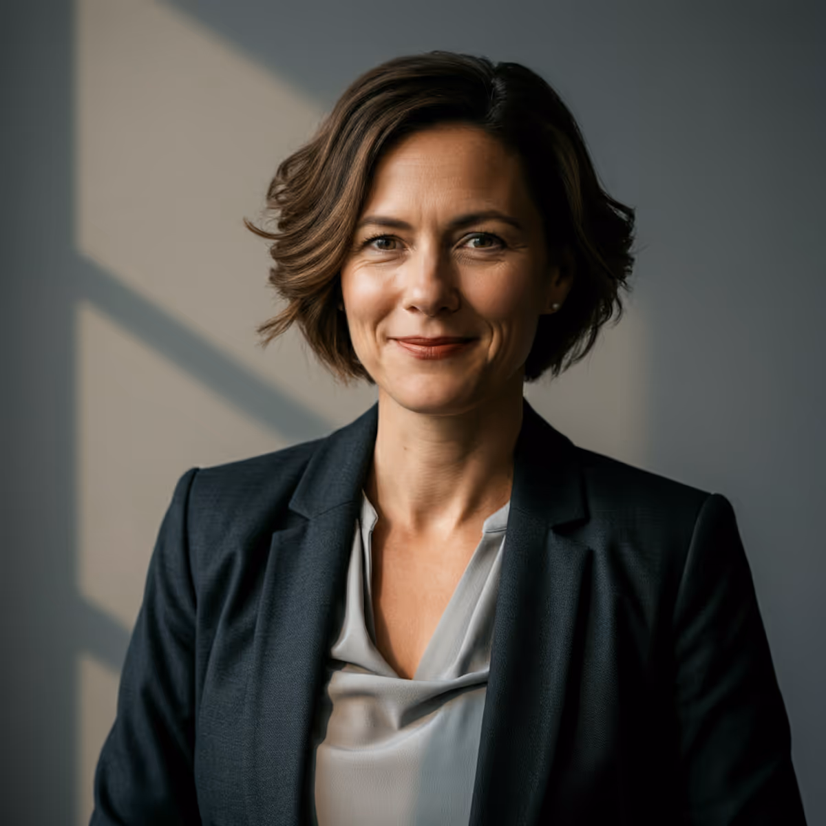 Confident woman with short wavy hair wearing a dark blazer and light blouse, smiling against a softly lit background.