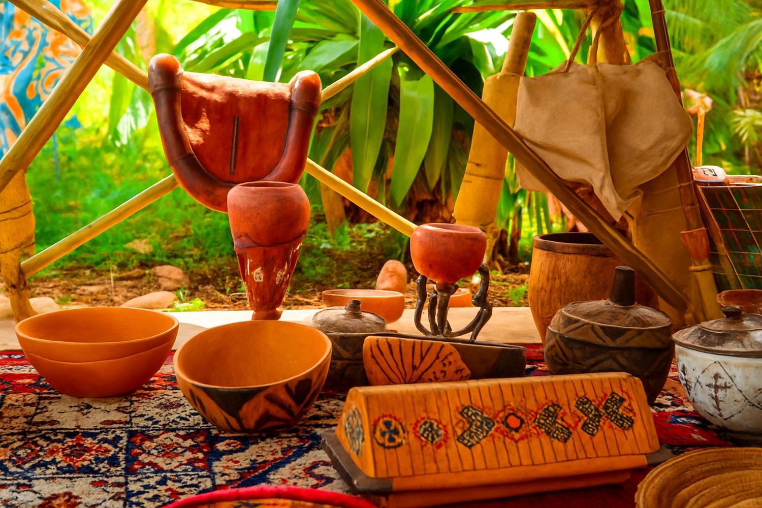 Un jardin culturel vibrant avec des poteaux colorés, de la poterie traditionnelle et une végétation luxuriante, créant un espace artistique harmonieux sous un ciel rosé.