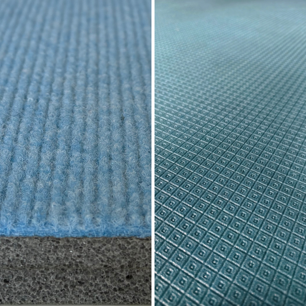 Close-up of a blue textured fabric surface on top and black foam underneath on the left, and a close-up of a blue non-slip textured rubber surface with a diamond pattern on the right.