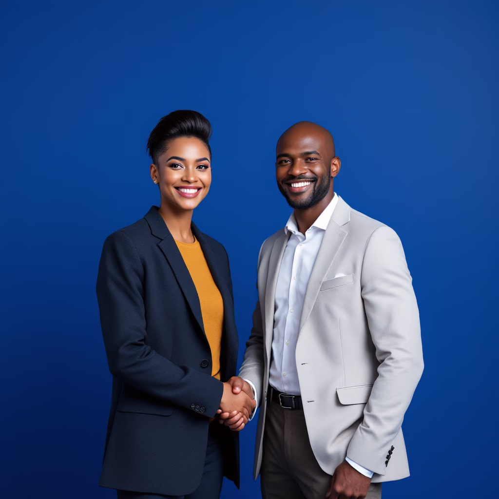 [headshot] image of satisfied customer shaking hands with company representative (for a fintech company)