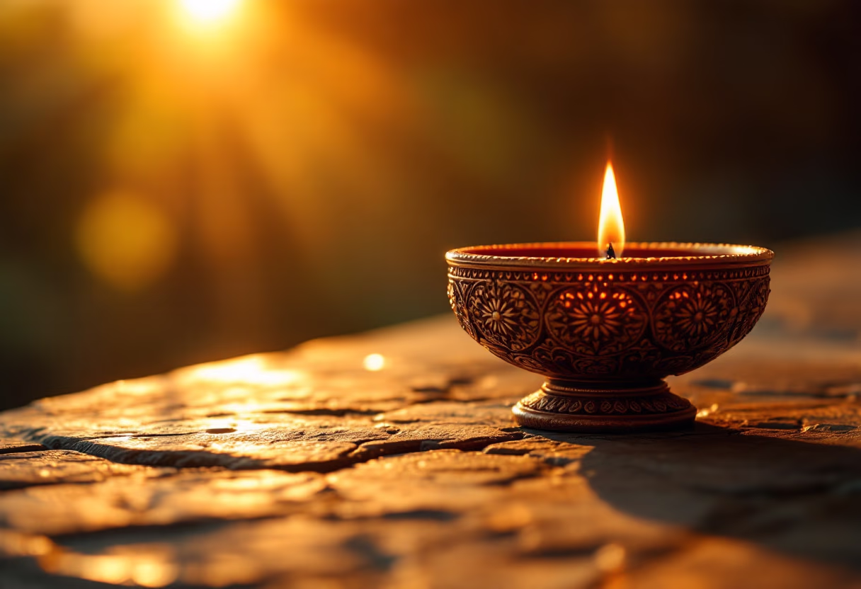 image of a ritual diya lamp, intricately carved