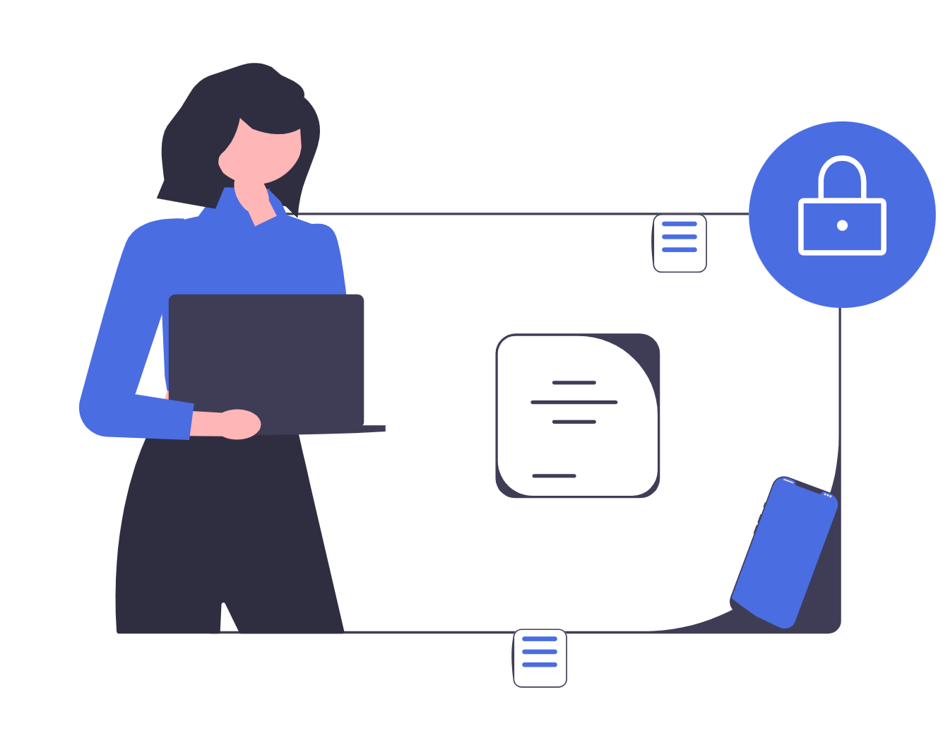 Illustration representing device and email security monitoring, displaying security status checks, automatic updates, and email configuration options
