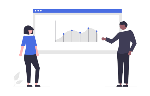 Illustration of two professionals standing on either side of a browser window displaying a data chart with multiple data points, representing a guided walkthrough of security audit findings and results.