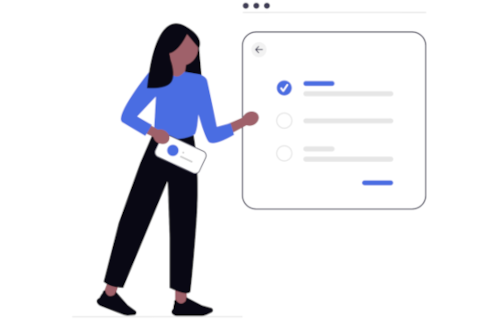 Illustration of a woman in a blue shirt holding a checklist, standing next to a mobile interface showing a checked item and list options, representing the quick setup process for security audits.