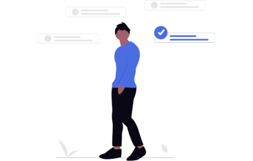 "Illustration of a person in a blue shirt surrounded by message cards and a checked item, representing decision-making and next steps for addressing security recommendations.