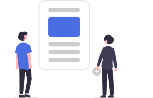 Illustration of two people standing on either side of a screen, representing a collaborative secure review process.