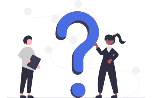 Illustration of two business people with a large question mark between them.