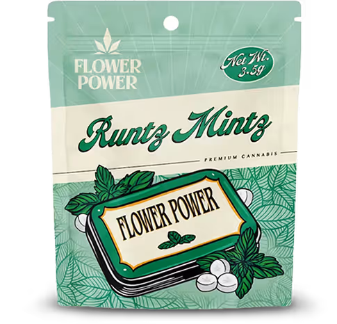 Runtz Mintz cannabis packaging with green leaves and mint candies
