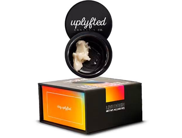 Uplyftd cannabis product jar and box with vibrant gradient packaging