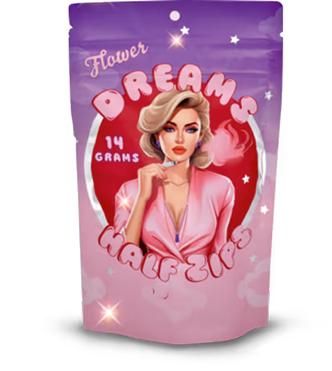 Pink and purple cannabis packaging with stylized woman in pink outfit