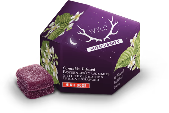 Purple WYLD boysenberry cannabis-infused gummy with product packaging