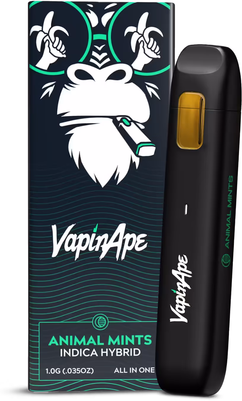 VapinApe Animal Mints Indica Hybrid vape device and packaging