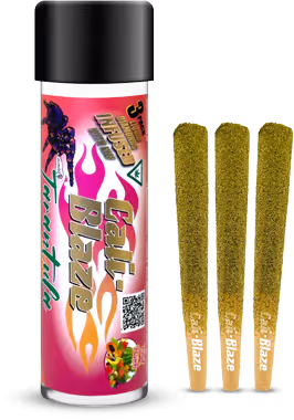 Pink cannabis pre-rolled joints packaging with three rolled joints beside