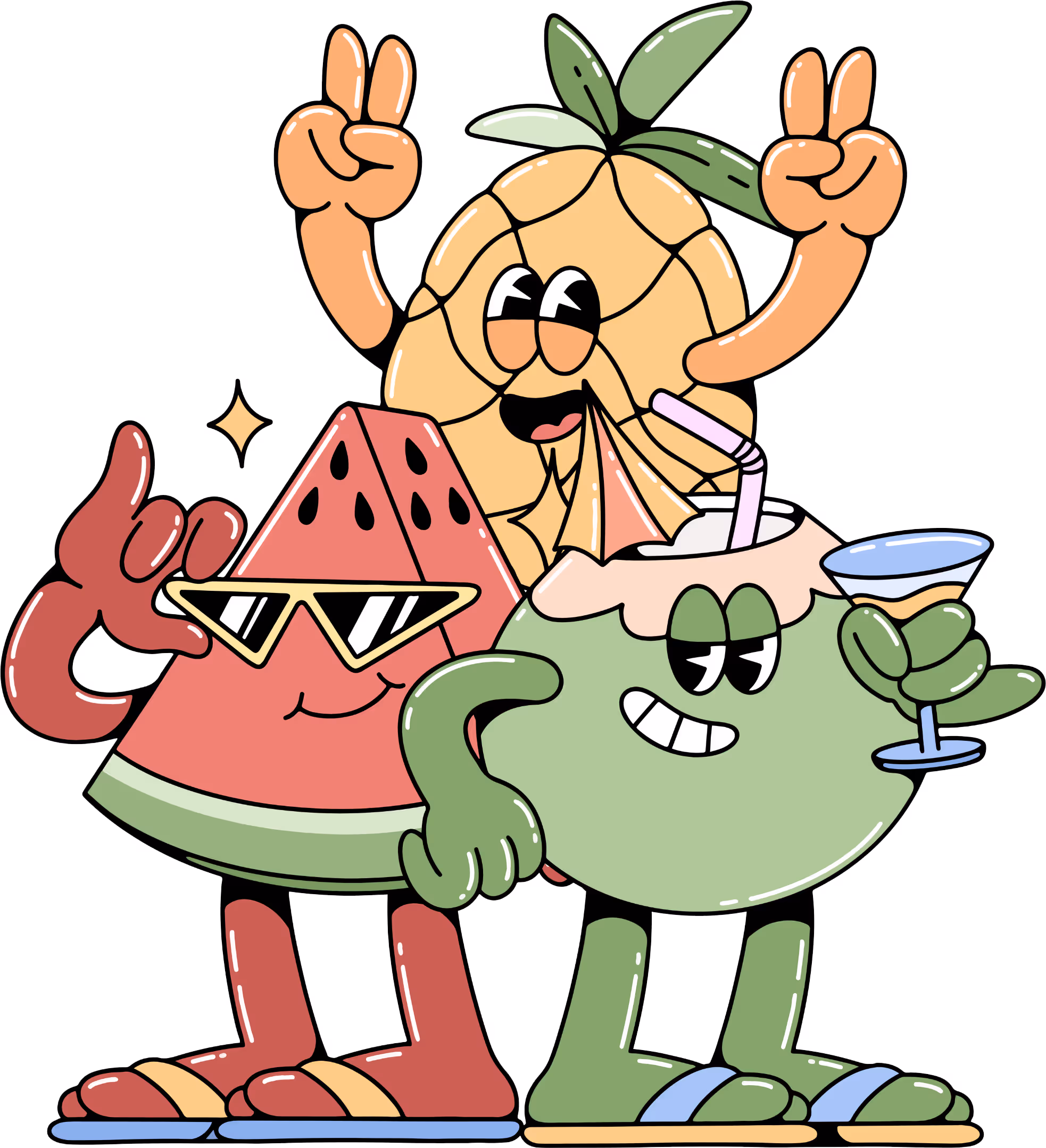 Cartoon fruits with sunglasses enjoying tropical drinks and making peace signs