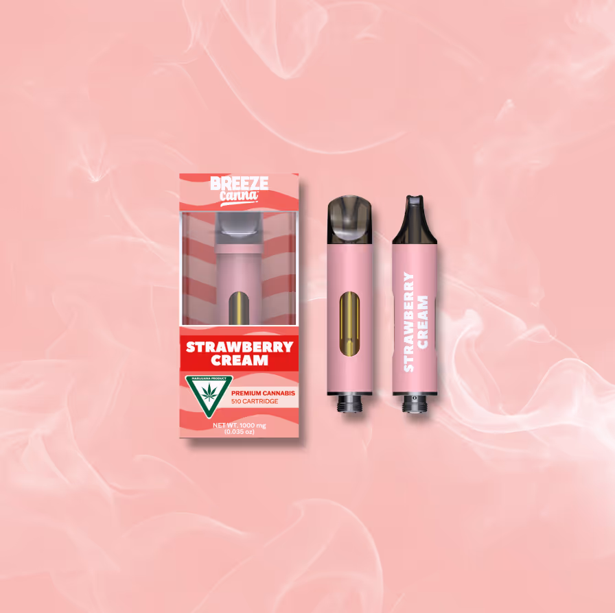 Breeze Canna Strawberry Cream vape device on a pink smoke background