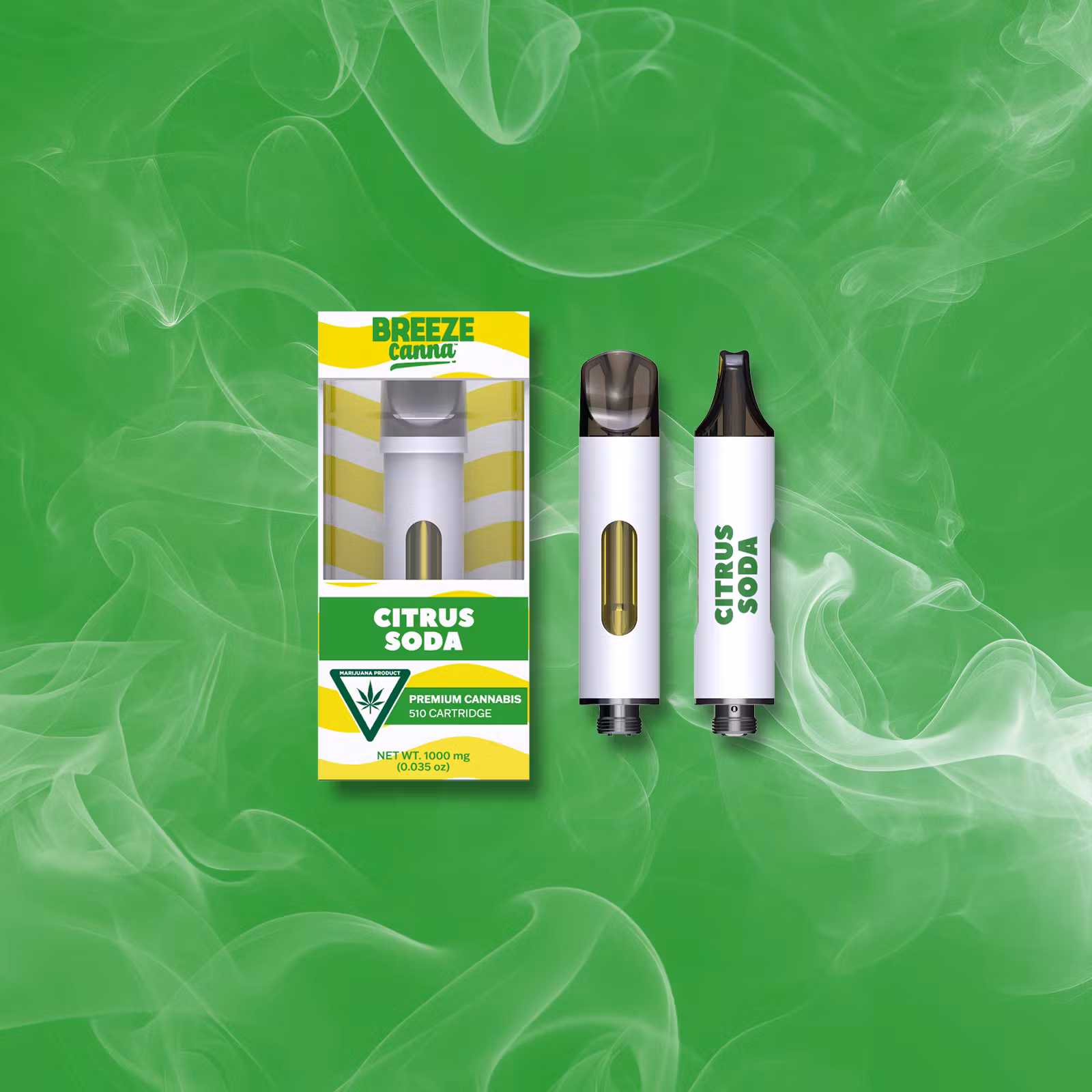 A bright green background with wispy white smoke, in the foreground a Breeze Canna disposable vape.
