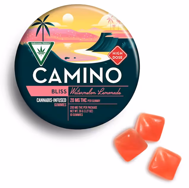 Camino cannabis-infused gummies package labeled Bliss Watermelon Lemonade with 20 mg THC per gummy and three red gummy candies beside it.