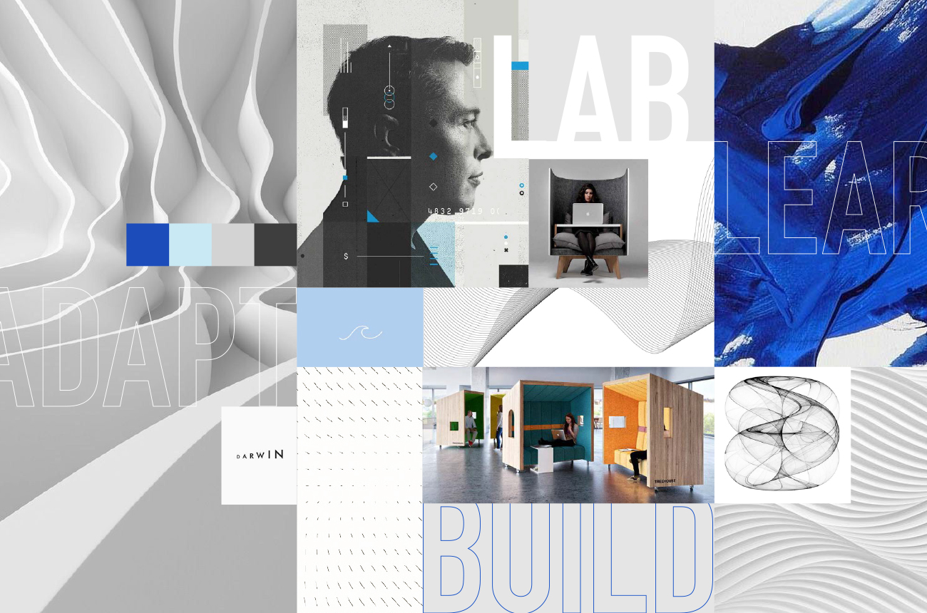 Moodboard met wetenschappelijke en zakelijke beelden in wit, grijs en blauw-paars, ontwikkeld door Studioplay® voor de merkidentiteit van LAB, specialist in gezonde werkomgevingen.
