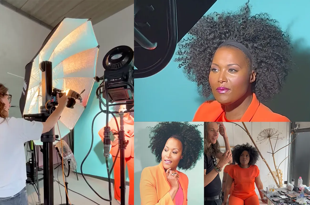 Collage van fotoshootbeelden met Denice Dest in kleurrijke outfits, vastgelegd door Studioplay® samen met fotograaf Hadewych Veys en visagist Paul van der Wal.
