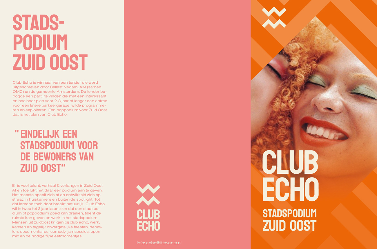 Visuele uitingen voor Club Echo in Amsterdam Zuidoost, met kleurrijke typografie en fotografie die de identiteit van de geplande nachtclub verbeelden, ontwikkeld door Studioplay®.