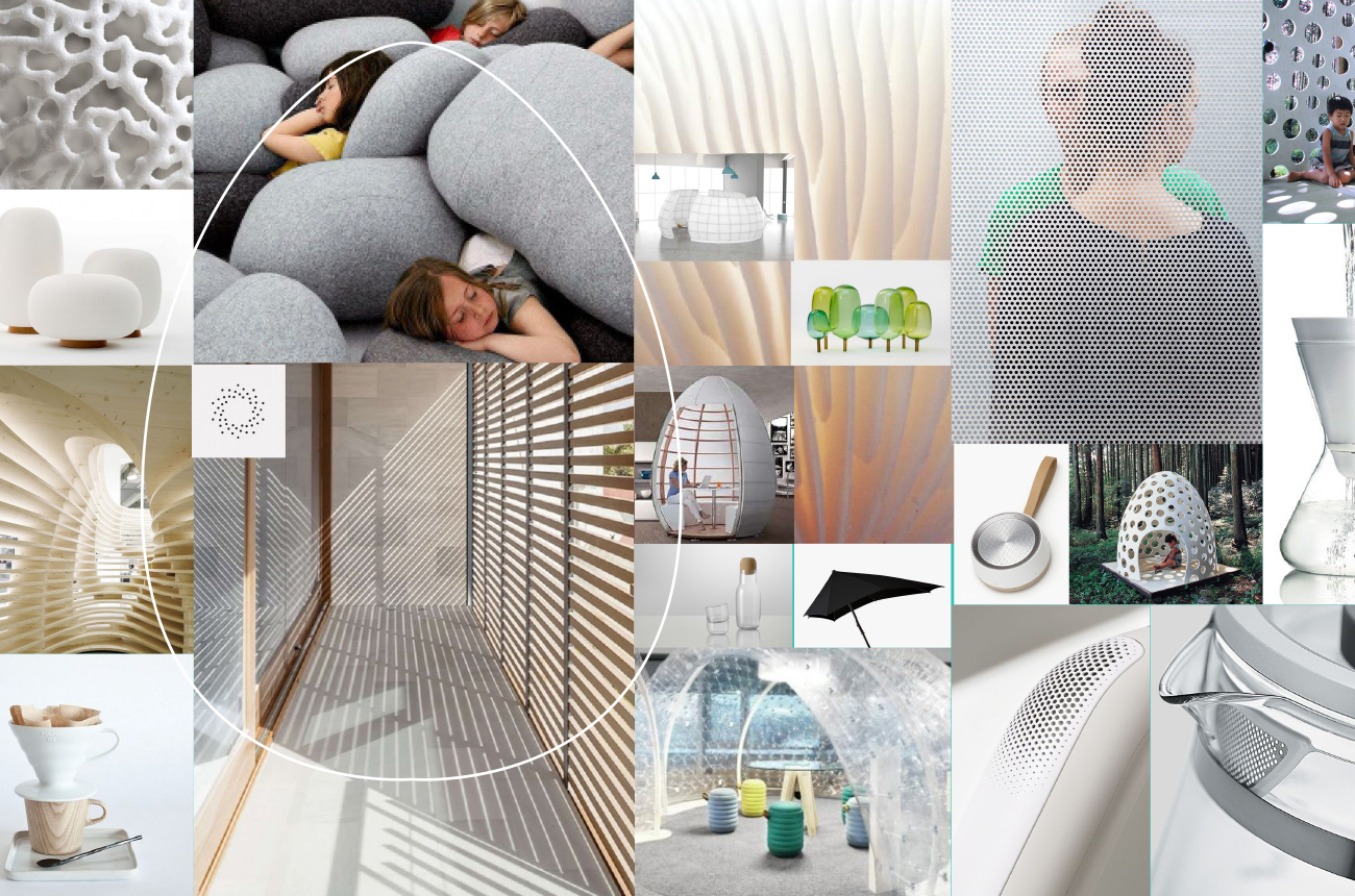 Moodboard en visuele richtingen voor de merkidentiteit van een nieuw cybersecurity-platform, met natuurlijke kleuren en vormen als alternatief voor traditionele zakelijke blauwtinten, ontwikkeld door Studioplay®.