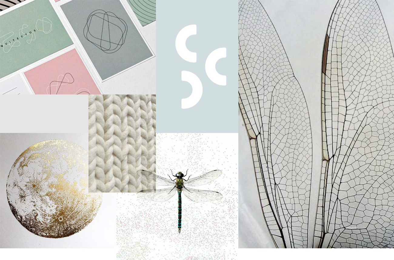 Moodboard met natuurlijke texturen, zachte kleuren en grafische vormen die de merkidentiteit van The Cultivist verbeelden, ontwikkeld door Studioplay® samen met Esther.